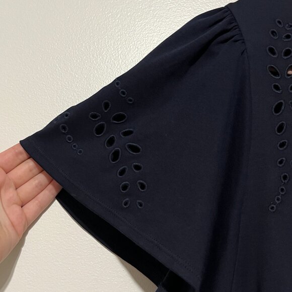 Chicos Womens Flutter Sleeve Eyelet Blouse Size L Navy Blue Coastal Grandma Boho - Picture 3 of 7